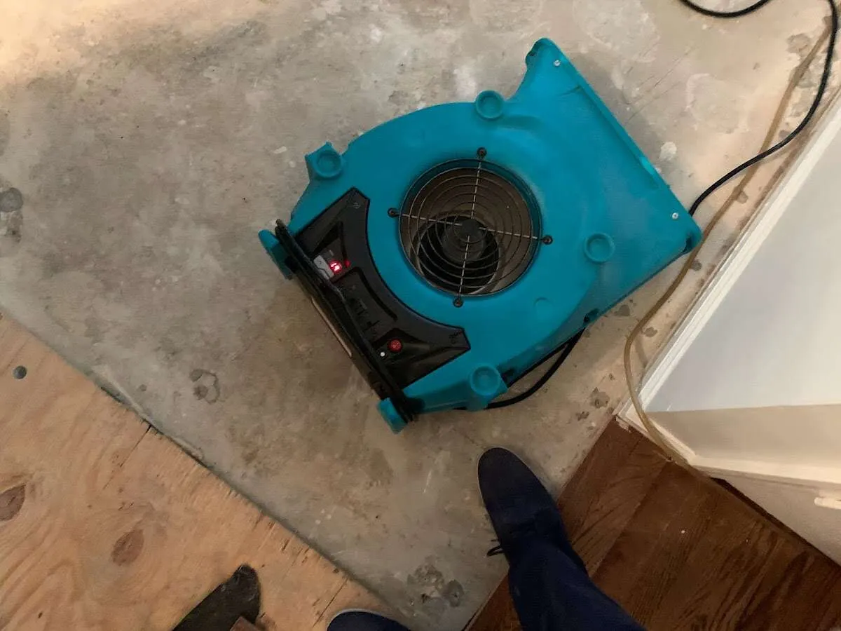 Air mover drying subfloor during Commercial Water Damage Restoration in West Little River